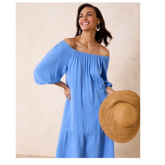 Tommy Bahama Women's Island Gauze Off-the-Shoulder Blue Midi Dress Sz M - Picture 9 of 9